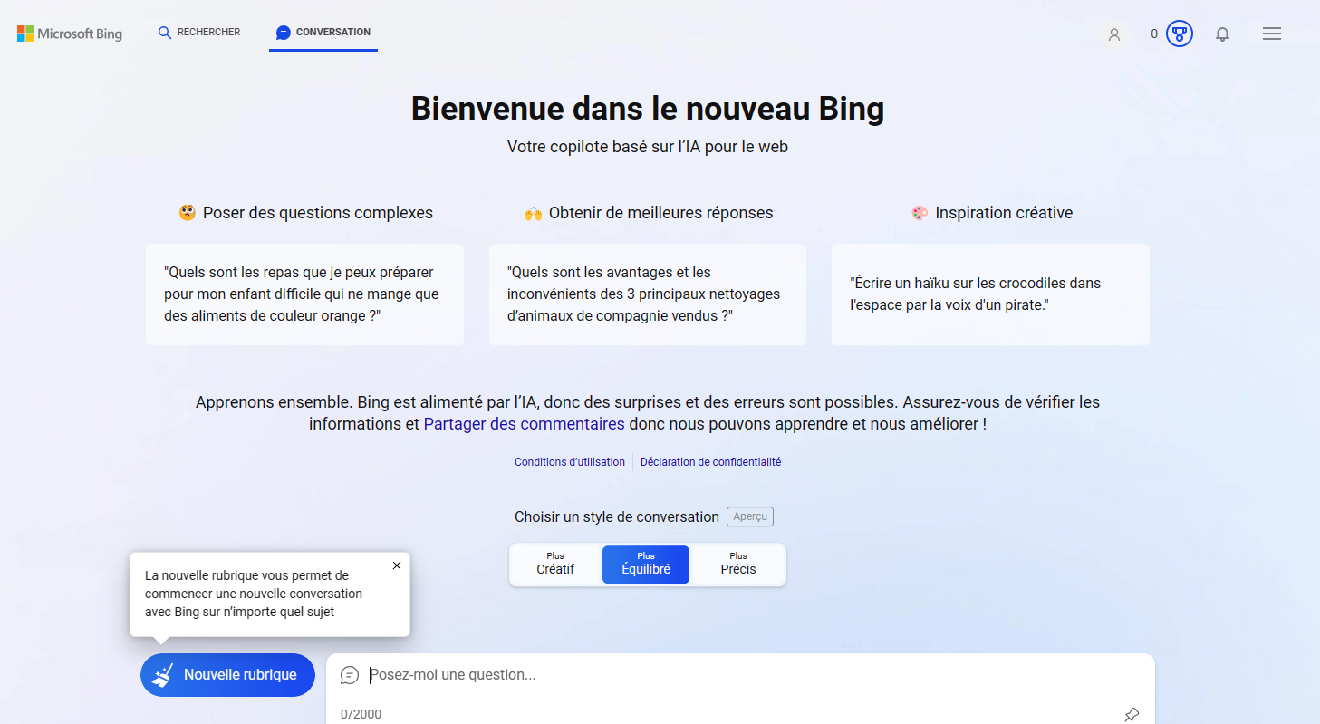 Capture d'écran du mode "Conversation" sur le nouveau Bing