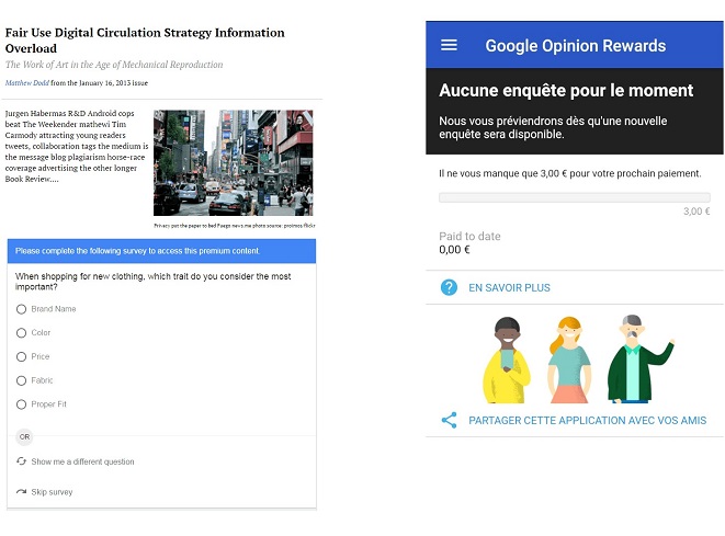 Capture d'écran de l'application Google Opinion Reward et d'une page proposant un sondage pour accéder au contenu