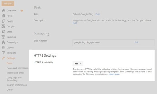 Paramètres HTTPS de Blogspot