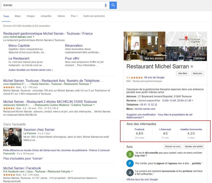 Affichage de notation dans la page Google My Business d'un restaurant