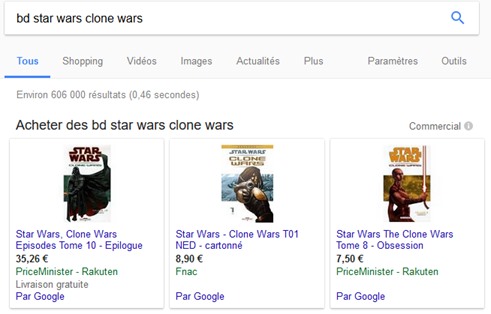 exemple d'annonce Google Shopping dans les résultats de la recherche Web bd star wars clone wars