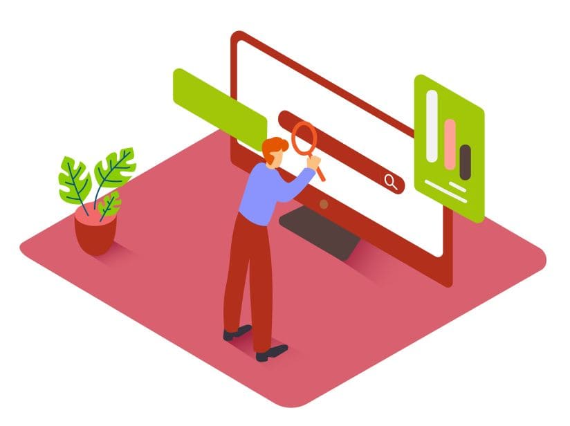 Illustration style isométrique représentant un internaute effectuant une recherche dans Google