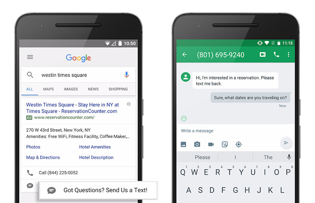 Un contact SMS dans une annonce publicitaire Google AdWords
