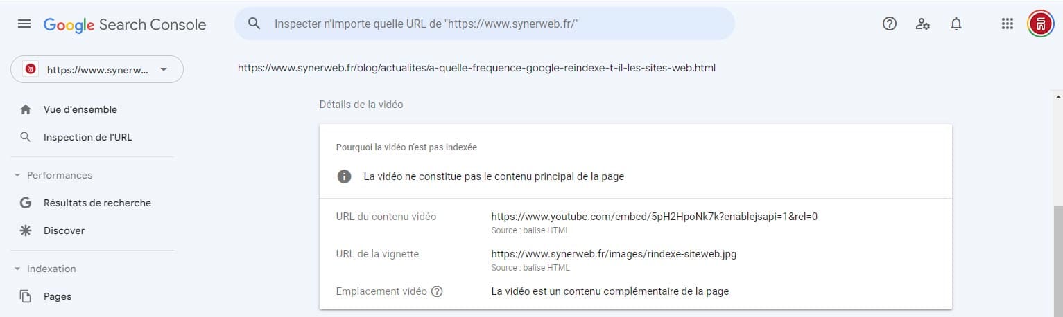 Capture d'écran Google Search Console Indexation vidéos