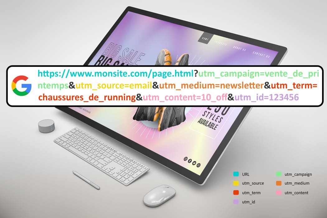 Exemple visuel de la structure complète d’une URL avec les 6 UTMs – SYNERWEB
