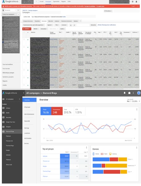 Captures de l'interface Google AdWords : avant et après la refonte