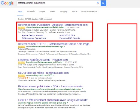 Capture d'écran des réultats Google, un 4e premium Top et plus aucune annonce à droite
