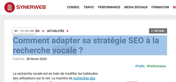 capture d'écran d'un titre H1 sur le site de SYNERWEB