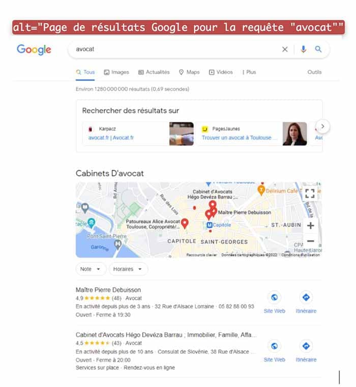 Exemple d'un attribut alt qui décrit une page de résultats Google pour la requête "avocat"