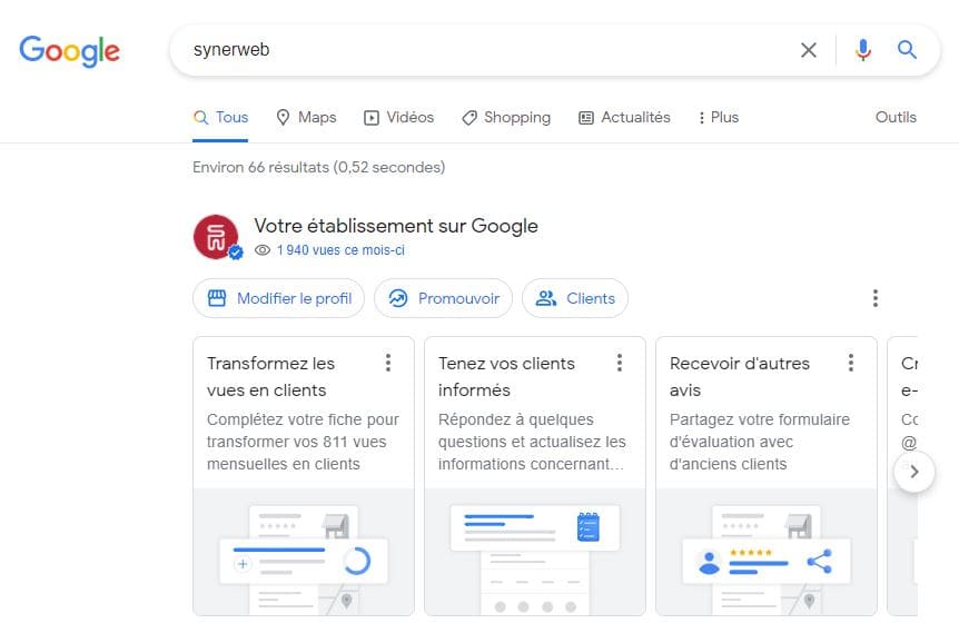 Capture d'écran de la fonctionnalité permettant de modifier une fiche Google my business directement depuis les pages de résultats