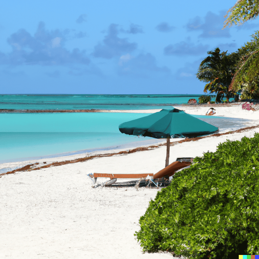 Image réalisée avec Dall-E 2 pour la description "Generate an image of a tropical seaside landscape with a white sandy beach lined with palm trees and other exotic vegetation. The sky is light blue with a few white clouds, and the ocean is a deep blue with gentle waves breaking on the shore. 4K"