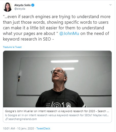 Recherche d'intention Vs recherche de mot-clé, réponse de John Mueller, Webmaster Trends Analyst chez Google