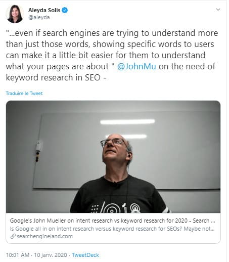 Recherche d'intention Vs recherche de mot-clé, réponse de John Mueller, Webmaster Trends Analyst chez Google