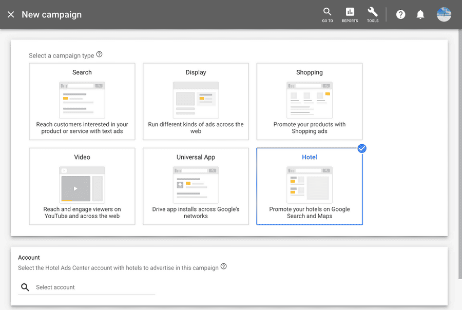 L'interface de choix de campagne Google Ads avec un bouton permettant de choisir une campagne Hôtel