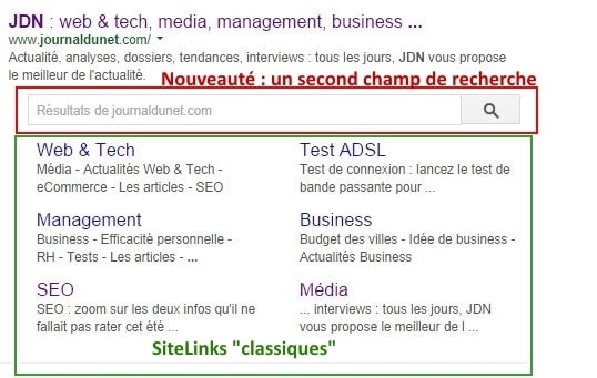 Exemple de SiteLinks avec un second champ de recherche