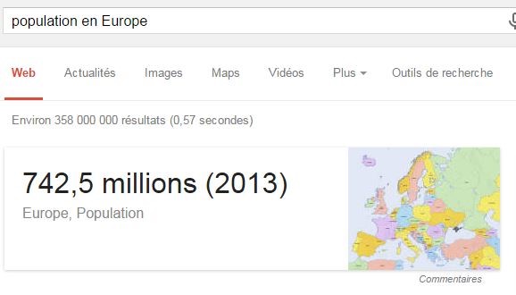 Exemple de boite de réponse Google : une réponse immédiate sur la population européenne