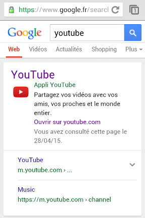 L'application Youtube ressort en première position dans les résultats Google mobile