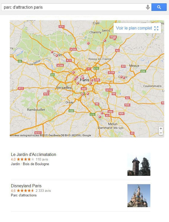 Les parcs d'attractions aux alentours de Paris s'affichent car il y a peu de résultats dans la ville.