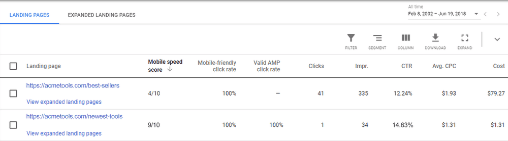 Capture d'écran de l'interface page d'atterrissage dans Adwords avec l'indicateur de temps de chargement