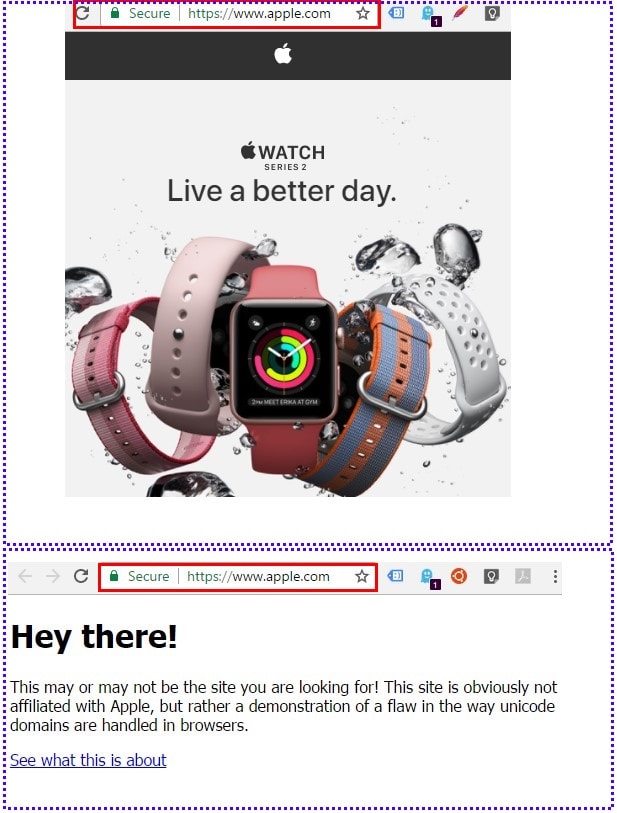 Deux noms de domaine indistinguables dans le navigateur : apple.com - captures d'écran