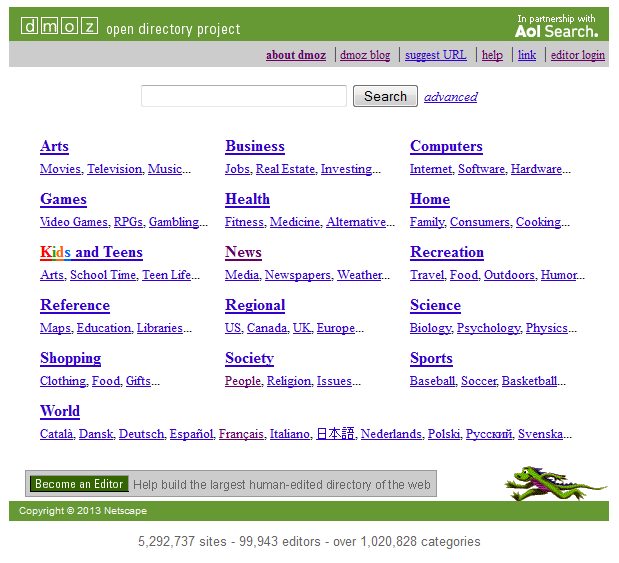 Les contenus de DMOZ, annuaire web historique, ne seront plus utilisés par Google pour les balises Meta Description défaillantes. - Crédit capture : Par 2014 AOL Inc., CC BY 3.0, https://commons.wikimedia.org/w/index.php?curid=29967990