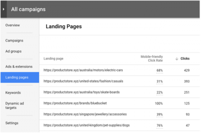 Interface page de destination Google Adwords