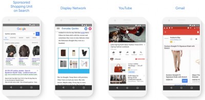 4 écras mobiles avec les exemples des nouvelles campagnes Adwords pour Google Shopping