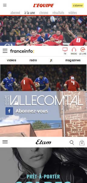Exemples de Progressive Web Apps : mobile.francetvinfo.fr, m.lequipe.fr, villecomtal.fr, etam.fr