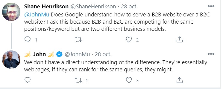 Tweet John Mueller : Google peut-il différencier les sites B2B des B2C ?