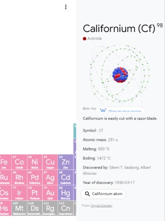 Tableau périodique des éléments par experiments.withgoogle.com, Californium