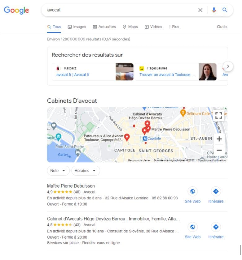 Page de résultats Google pour la requête "avocat"