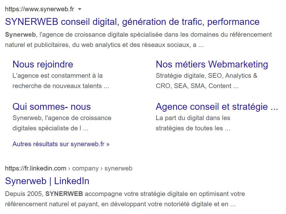 Réseaux Sociaux résultats des SERP Google pour SYNERWEB