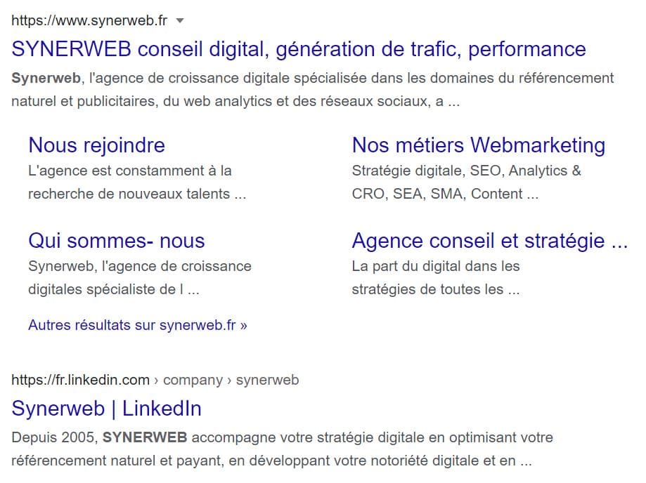 Réseaux Sociaux résultats des SERP Google pour Synerweb