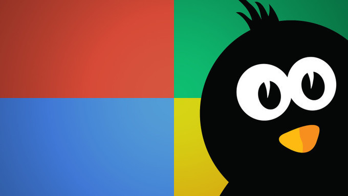 Illustration d'un pingouin sur un fond aux couleurs de windows