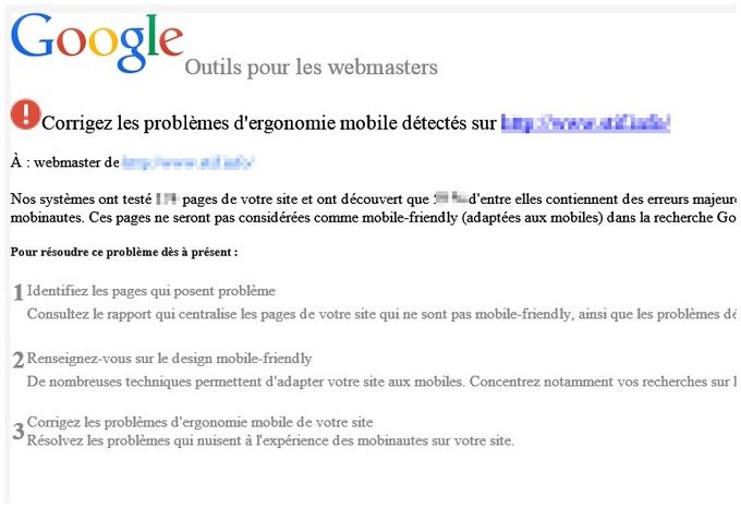 Exemple d'un message d'avertissement de Google