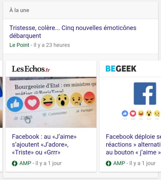 Exemple d'affichage des pages AMP HTML dans Google