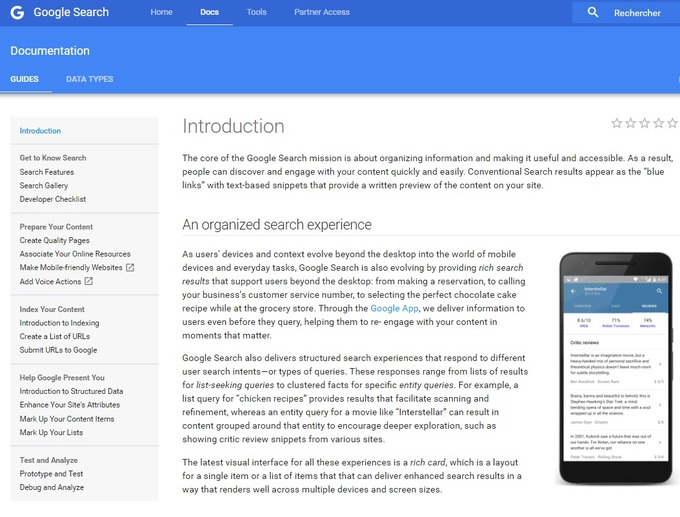 Capture d'écran de la documentation de Google