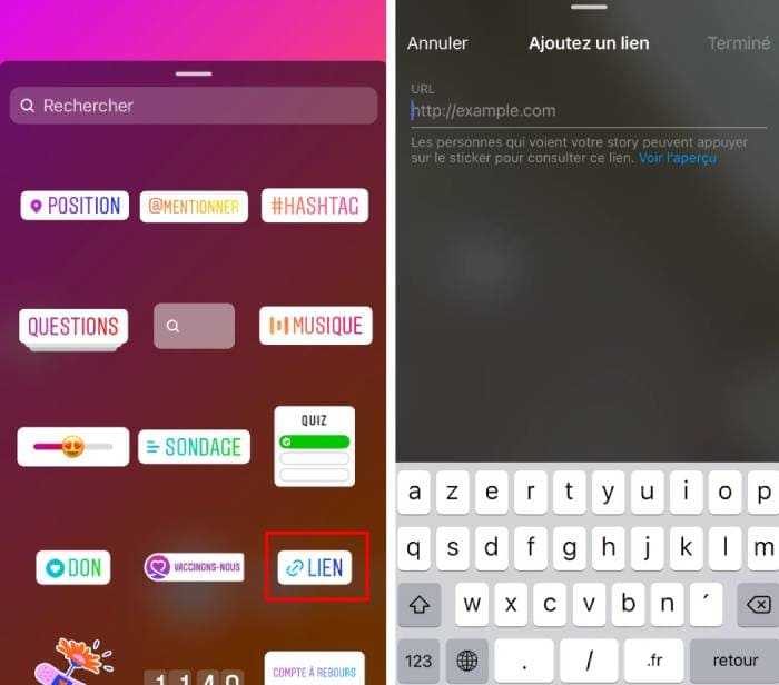 Où trouver le stickers lien dans story Instagram