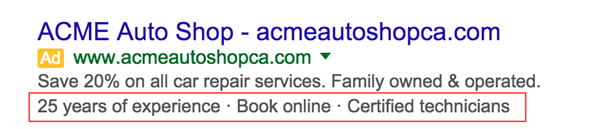 Exemple d'extension d’accroche dynamique AdWords