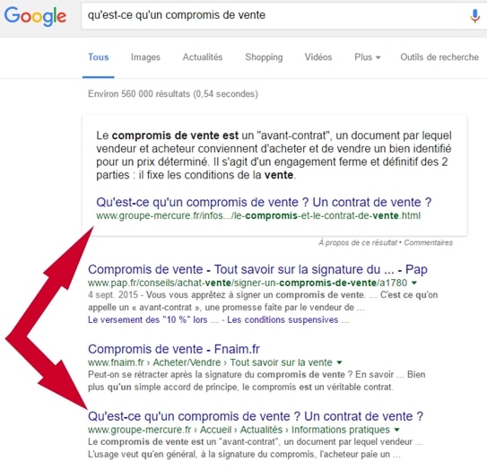 Capture d'écran d'un extrait optimisé dans Google