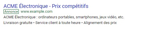 Extrait d'une annonce Adwords avec un extension centrée sur les aspects incitatifs et uniques de l'offre