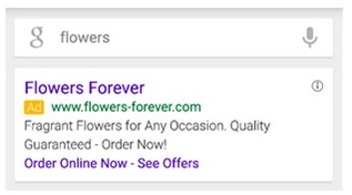 Exemple d'annonce AdWords avec liens annexes : Flowers forever permet d'accéder au site, à la commande et aux offres spéciales